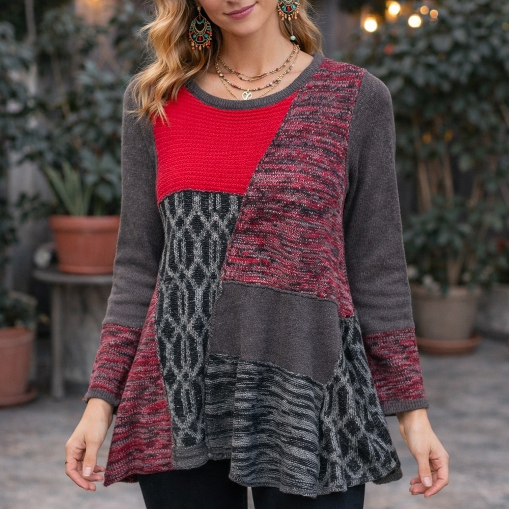 Style & Co Vintage Y2K Patchwork Boho Tunic Sweater Flared Hem Medium